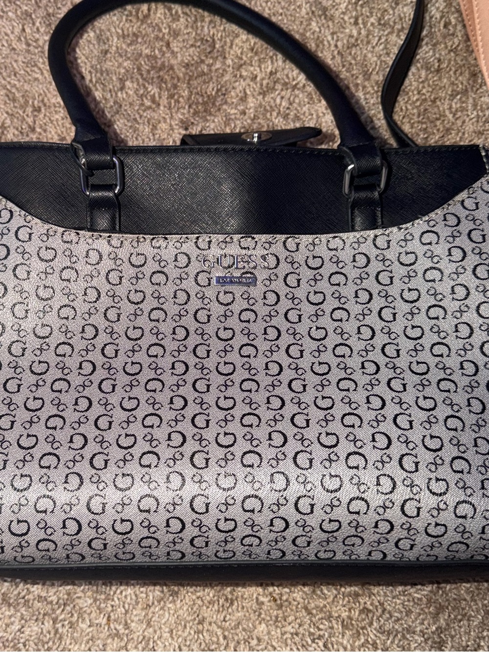 GUESS Beige and Black Logo Print purse, wallet, with Matching Pouch